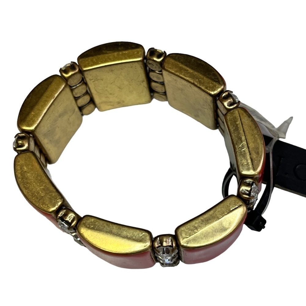 J Crew Red Square Gold-Tone Bracelet Rhinestone Diamonds New Elastic - Picture 2 of 7